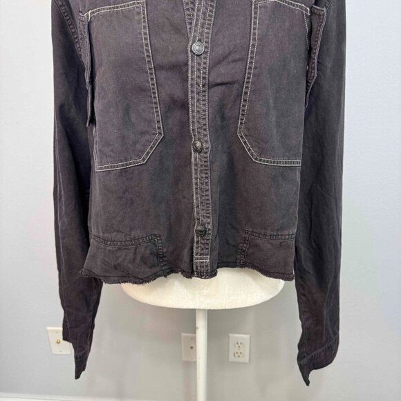 Free People We The Free Cropped Moto Bomber Shirt Relaxed Fit Washed Black Sz XL - Picture 3 of 13